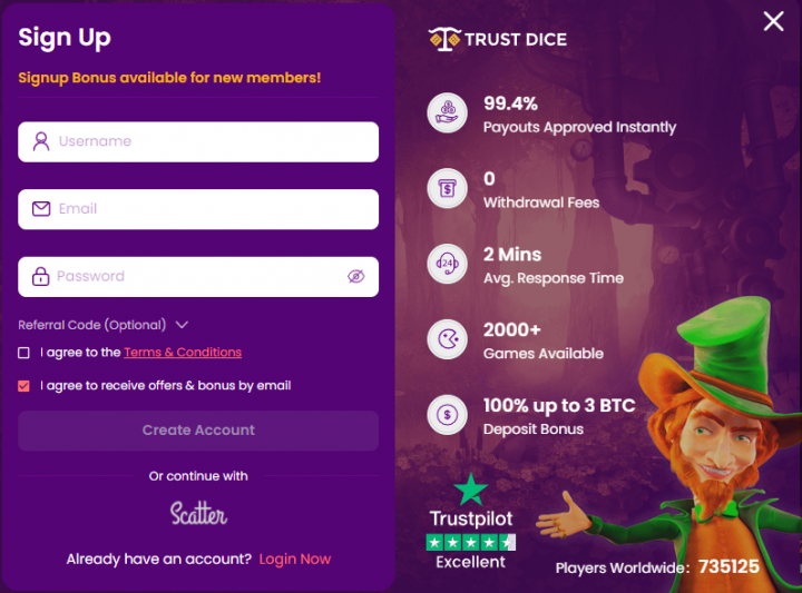 register at trustdice